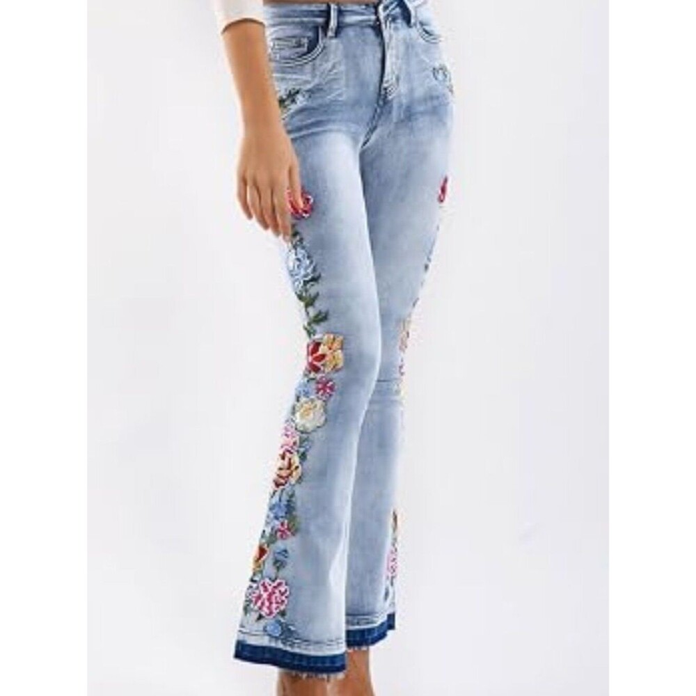 Womens Chic Floral Embroidered High-Rise Bell Bottom Flare Jeans 4-6